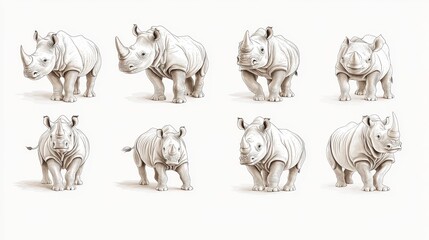 Obraz premium Eight Sepia Rhinoceros Sketches Poses and Line Variations