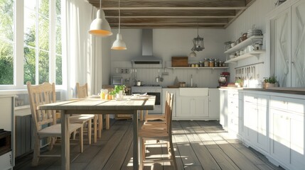 Fototapeta premium Bright and airy kitchen with a wooden table and chairs