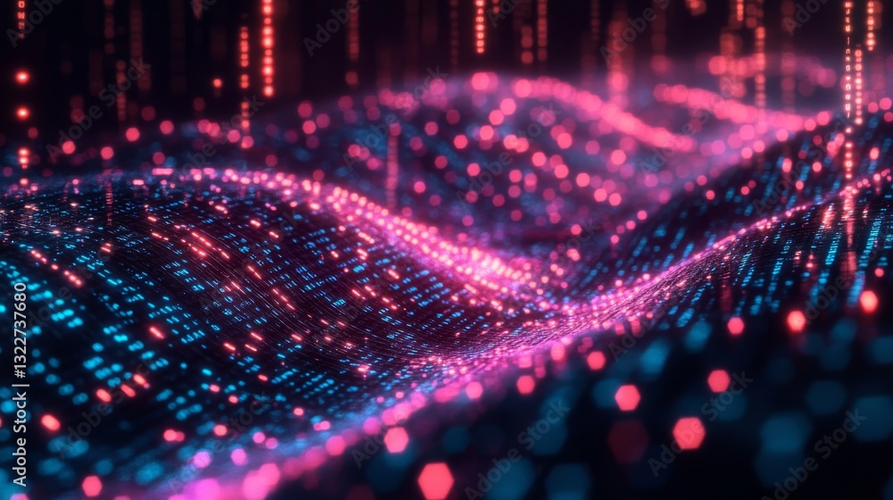 Leinwandbilder Colorful digital patterns demonstrate key quantum computing principles like superposition and entanglement, showcasing data points and their interactions within a virtual space.