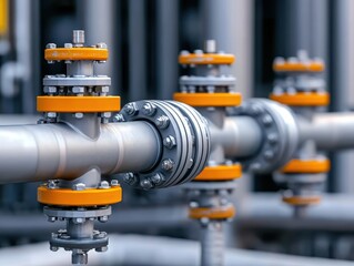 Close-up of industrial pipeline valves with orange fittings in a factory setting