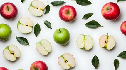 green and red apples with slices isolated
