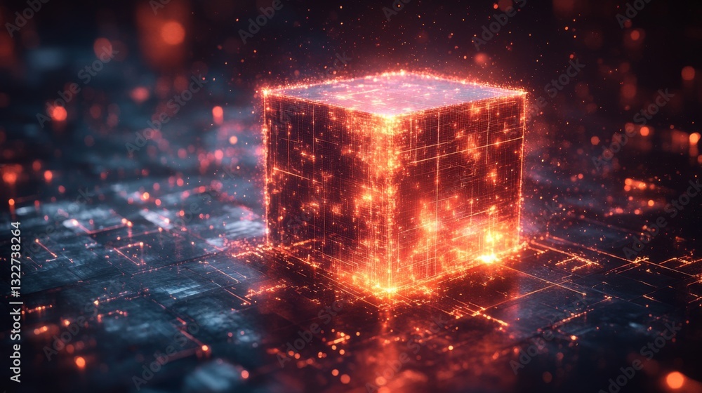 Poster A glowing cube represents a quantum state, showcasing concepts like superposition, entanglement, and decoherence. This digital artwork illustrates the core principles of quantum computing.