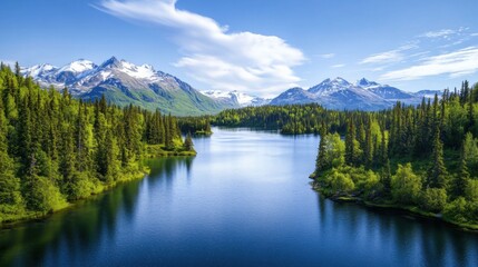 Fototapeta premium Scenic view of a tranquil lake surrounded by vibrant green trees and majestic mountains under a clear blue sky