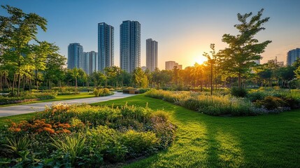 Urban green spaces, featuring parks and gardens in cities, providing a balance between nature and urban life, supporting biodiversity and human well-being.