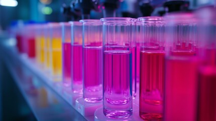 Colorful test tubes filled with vibrant liquids in a laboratory set during evening hours