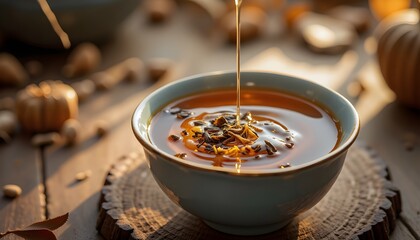 An artistic, slow-motion-inspired image capturing loose tea leaves swirling gracefully inside a delicate ceramic cup. A thin stream of honey drizzles into the tea, 