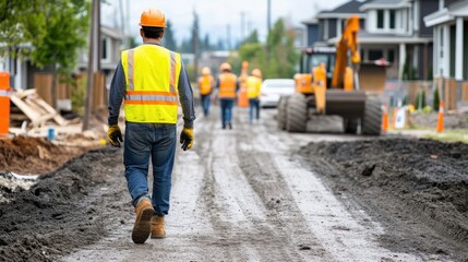 Fototapeta premium Construction Worker in Safety Gear Walking on Muddy Road with Heavy Machinery and Workers in Background