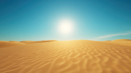 Naklejka premium vast desert landscape with golden sand dunes under bright sun, creating serene and tranquil atmosphere. clear blue sky enhances beauty of this natural scene
