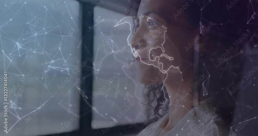 Aufkleber using animation, woman with digital world map overlay showing global connectivity