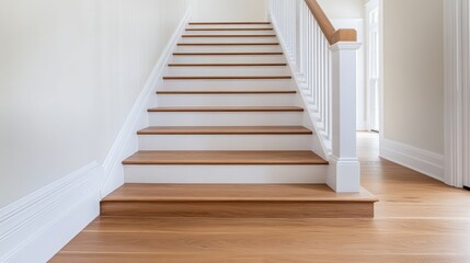 Elegant and Modern Wooden Staircase with Bright Sunlight Streaming Through Open Space