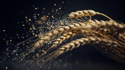 Flying barley and falling tossed wheat grains captured mid-air against a dark backdrop, with scattered salt texture accents adding a touch of elegance, perfect for an advertising design