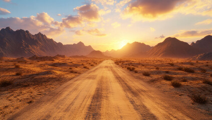road in desert leads to majestic mountains under vibrant sunset, creating serene and picturesque landscape