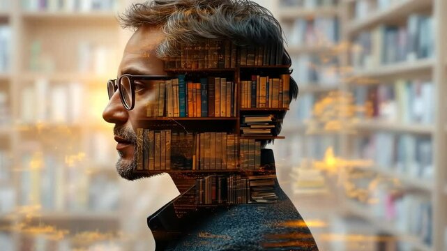 The Bookworm's Mind: A Double Exposure Portrait of a Man and a Library