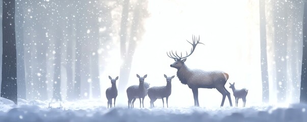 A majestic deer and its family stand in a snowy forest