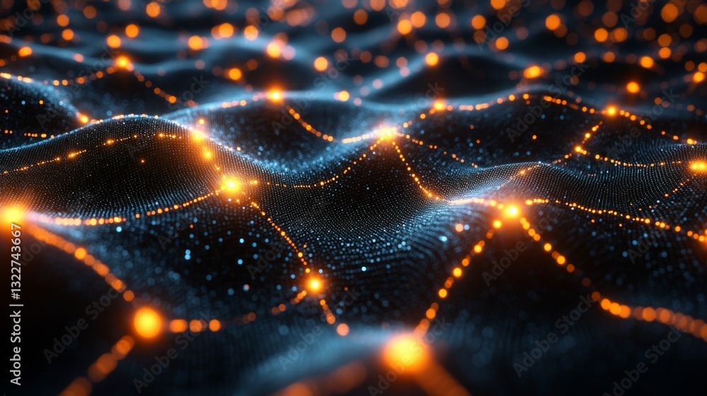 Poster A complex network of interconnected nodes simulates quantum states and phenomena like superposition and entanglement, revealing a digital representation of quantum mechanics.