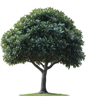 lush macadamia tree with deep green, thick leaves stands on grass