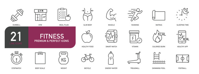 Set of line icons related to fitness, exercise, gym. Outline icons collection. Editable stroke. Vector illustration