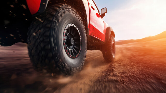 Off road pickup truck in motion, showcasing rugged tires and dynamic movement on dusty terrain. scene captures thrill of adventure and exploration