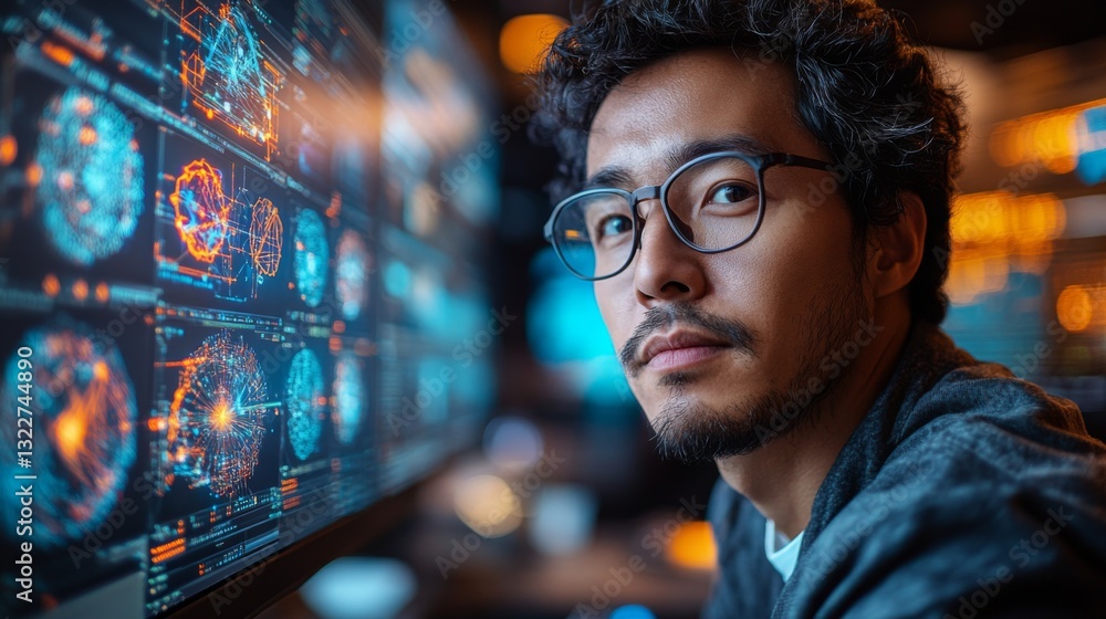 Poster A person examines complex quantum computing visualizations, showcasing qubits, superposition, and entanglement on multiple screens in a modern laboratory.