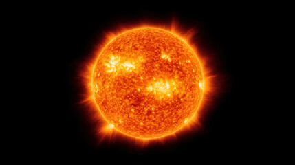 Fototapeta premium stunning view of sun showcasing its bright surface and solar flares, radiating warmth and energy in dark space background