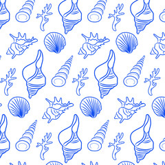 Sea creatures, sea shells, seamless pattern, outline vector illustrations, sea background	