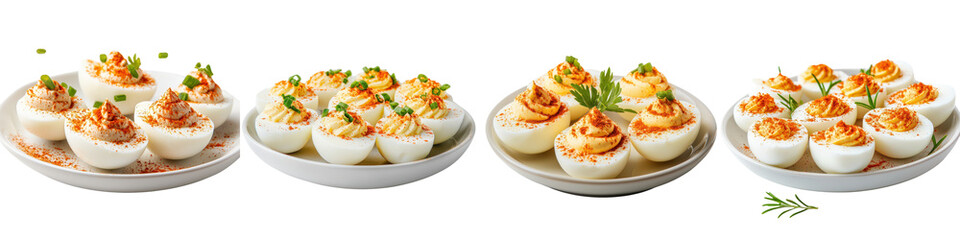 Beautifully arranged plates of delicious deviled eggs appetizers garnished with herbs and paprika making them the perfect savory snack or hors d oeuvre for buffet spreads
