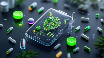 Fototapeta premium Digital Brain Enhancement: An artistic, high-tech illustration featuring a human brain displayed within a digital device, surrounded by pills and capsules.
