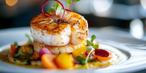 Gourmet Seafood Dish, Upscale Dining Experience, Artistic Food Presentation