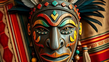 Wooden Mask with Colorful Feathers and Ornaments in Close Up Portrait