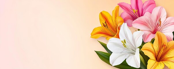 Obraz premium Floral illustration abstract background concept. A vibrant bouquet of colorful lilies against a soft pastel background.