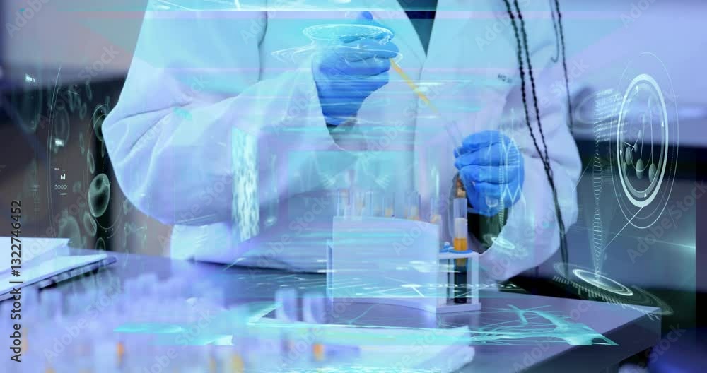 Poster scientist in lab coat conducting experiment with digital data overlay animation