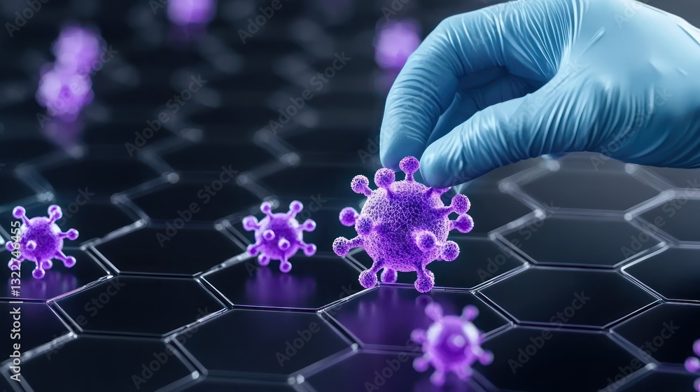 Aufkleber examining virus under microscope: a gloved hand carefully examines and manipulates a microscopic vir