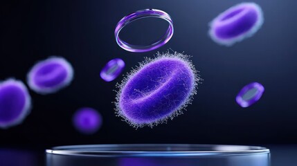 Microscopic Marvels: Intricate, glowing blue-purple structures, resembling cells or particles, float against a dark backdrop, hinting at the unseen world of science and innovation.