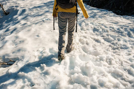 Winter Hiker on Snowy Mountain trail