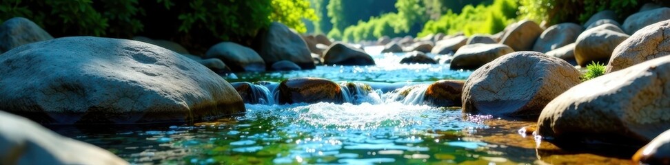 Crystal clear mountain river water cascading over smooth rocks , rocks, geology