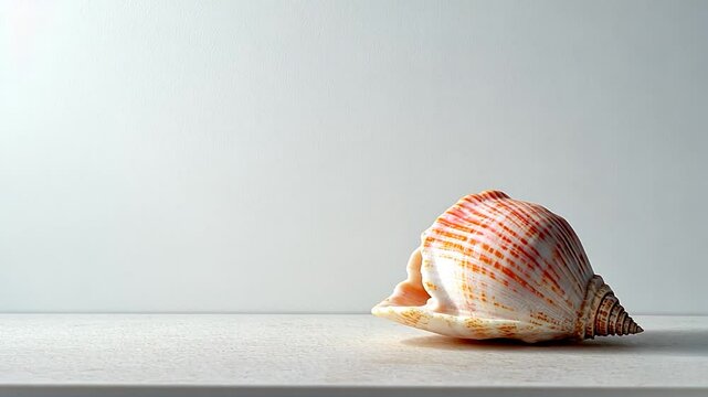 Close-up of a beautifully patterned seashell resting on a minimalist surface, evoking calmness