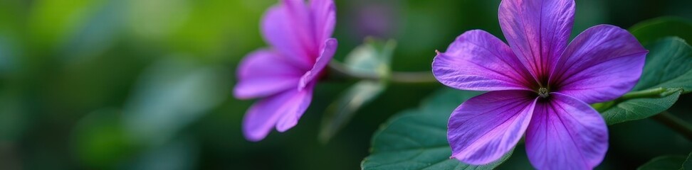 Close-up vibrant purple petals, lush green leaves, photography, summer, element
