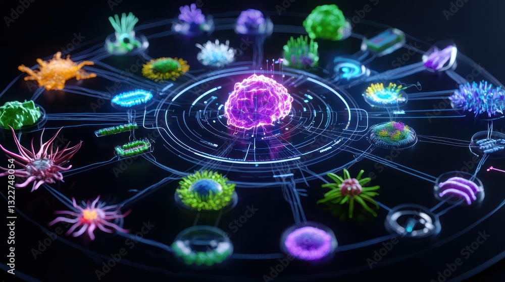 Aufkleber vibrant microcosm: an artistic digital rendering of various microorganisms, connected by a network o