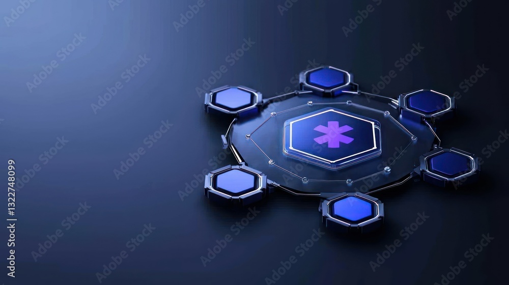 Poster healthcare network: a futuristic 3d rendering showcases a central hub with a medical symbol, connect