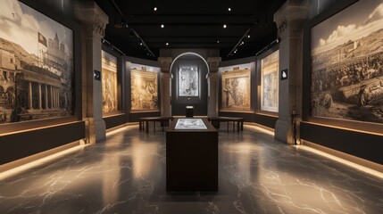 An atmospheric museum displaying historical lithographs under moody lighting