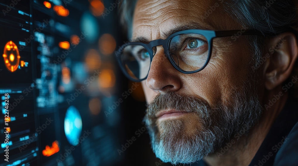 Fototapete A scientist intently analyzes quantum computing data on a glowing screen, surrounded by visual representations of qubits and entanglement.
