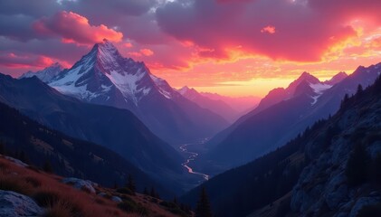 Obraz premium Crimson sky paints rugged peaks, valley hushed in twilight , remote, mountains