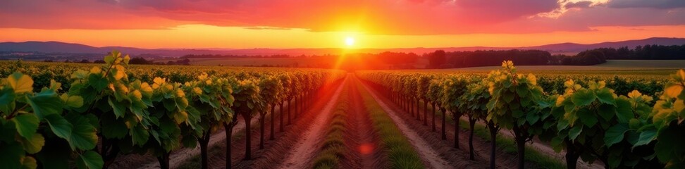 Fototapeta premium Crimson sunset casts long shadows across French vineyard rows , sun, sky, twilight