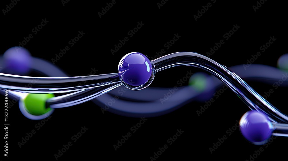 Poster molecular strands: an abstract and dynamic composition of glowing spheres connected by curved lines,