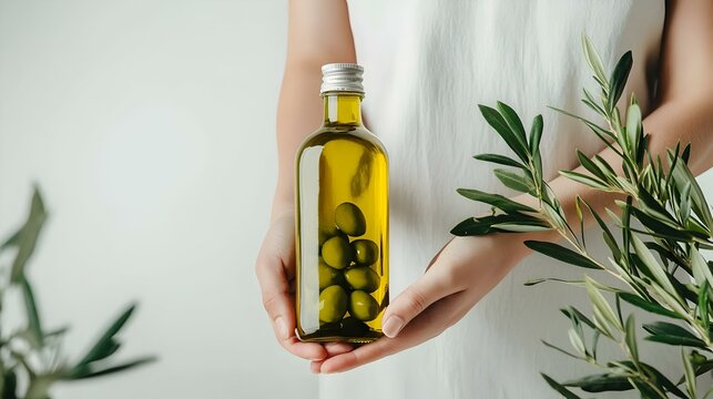 Wanita Memegang Botol Minyak Zaitun Dengan Buah Zaitun Dan Ranting