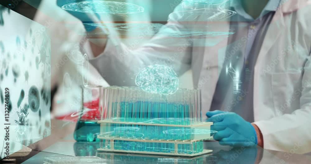 Poster in lab, scientists using animation with holographic brain and test tubes
