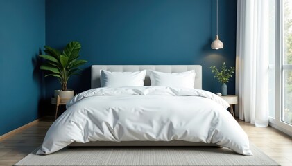 Crisp white bedding, deep blue accent wall, minimalist decor, bright, design