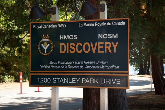 Sign for HMCS Discovery, Royal Canadian Navy's Naval Reserve Division located at 1200 Stanley Park Drive in Vancouver