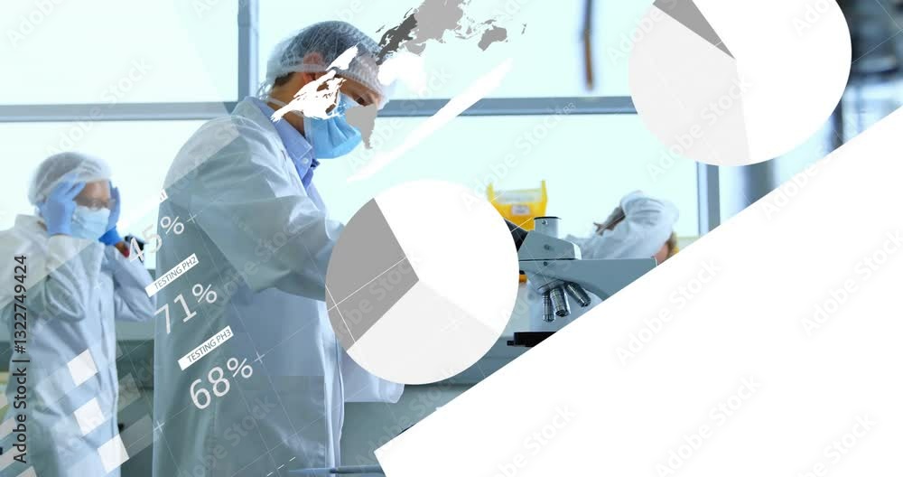 Poster in lab, scientists using microscopes with animation of data charts overlaying