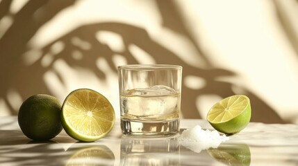 Tequila pour with fresh limes elegant bar setting drink photography warm lighting minimalist style